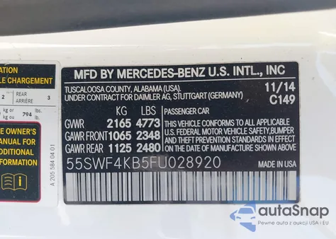 2015 Mercedes-Benz C 300 Sport 4Matic z USA, uszkodzony, nr VIN 55SWF4KB5FU028920